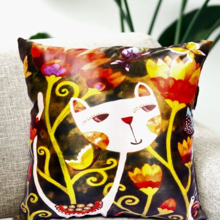 Cat Printed Satain Fabric Cushion Cover
